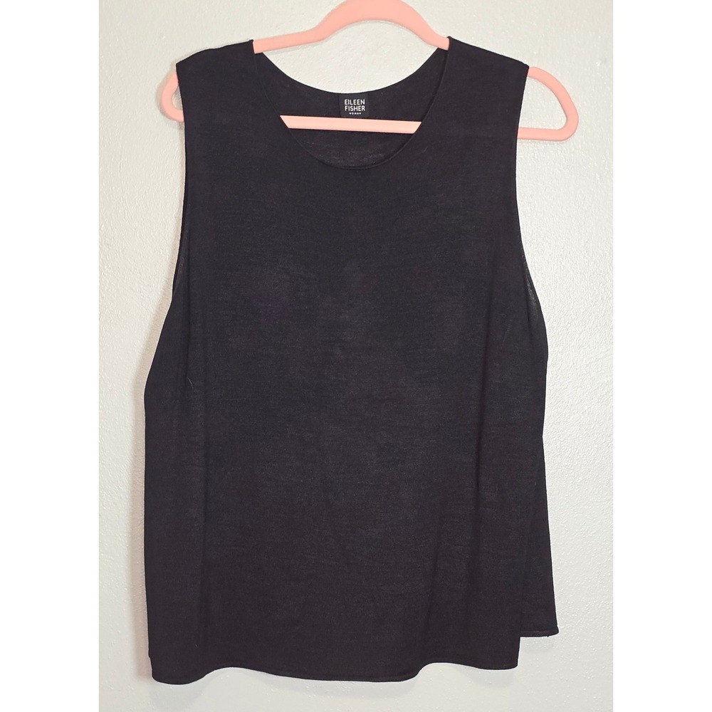 Eileen Fisher Woman Tank Top 2X Black 100% Silk Sleeveless Scoop Neck Slit Hem